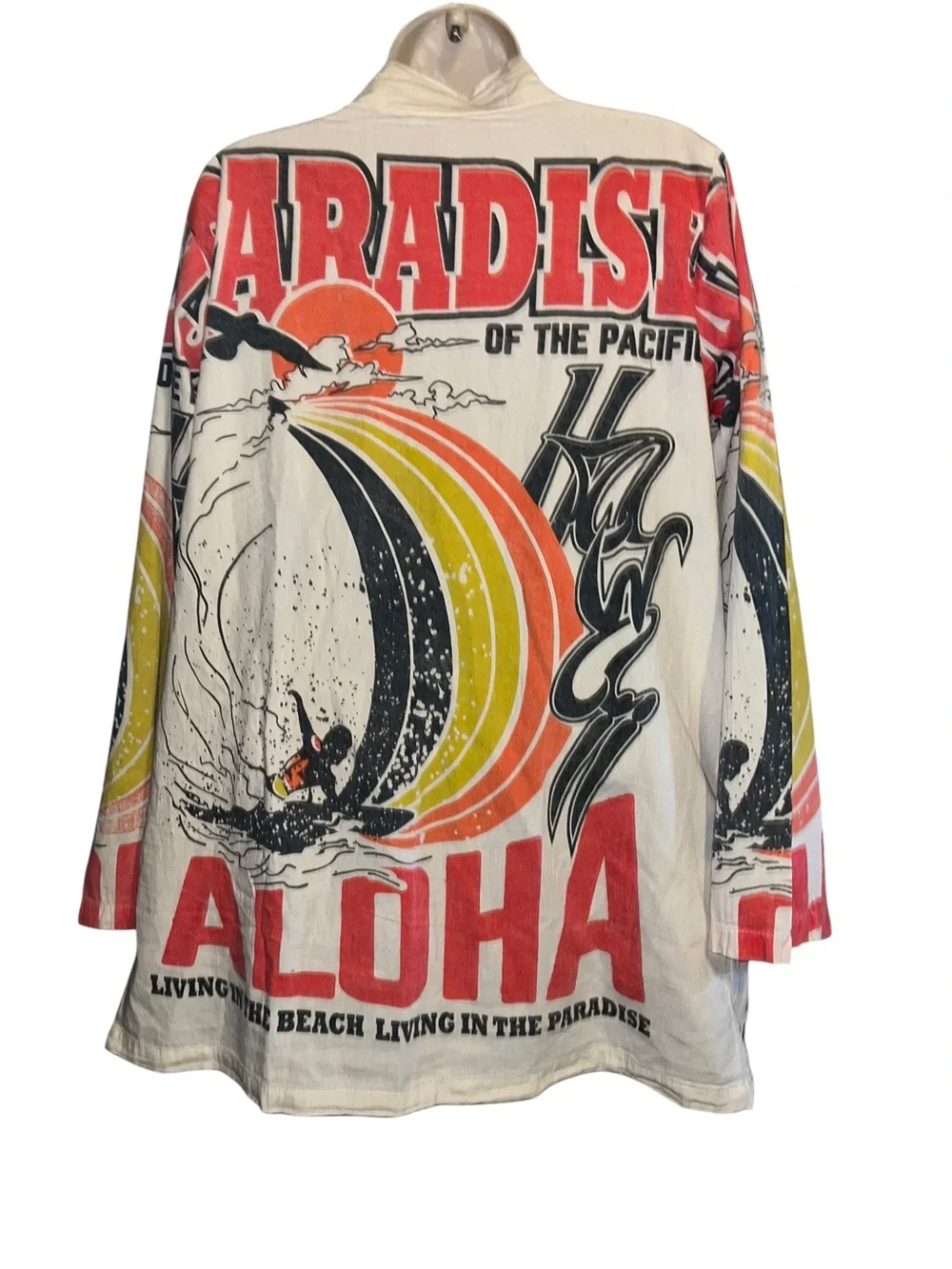 Vintage Graphic Beach Kimono Jacket - Cream with Red & Orange Print - Picture 4 of 8